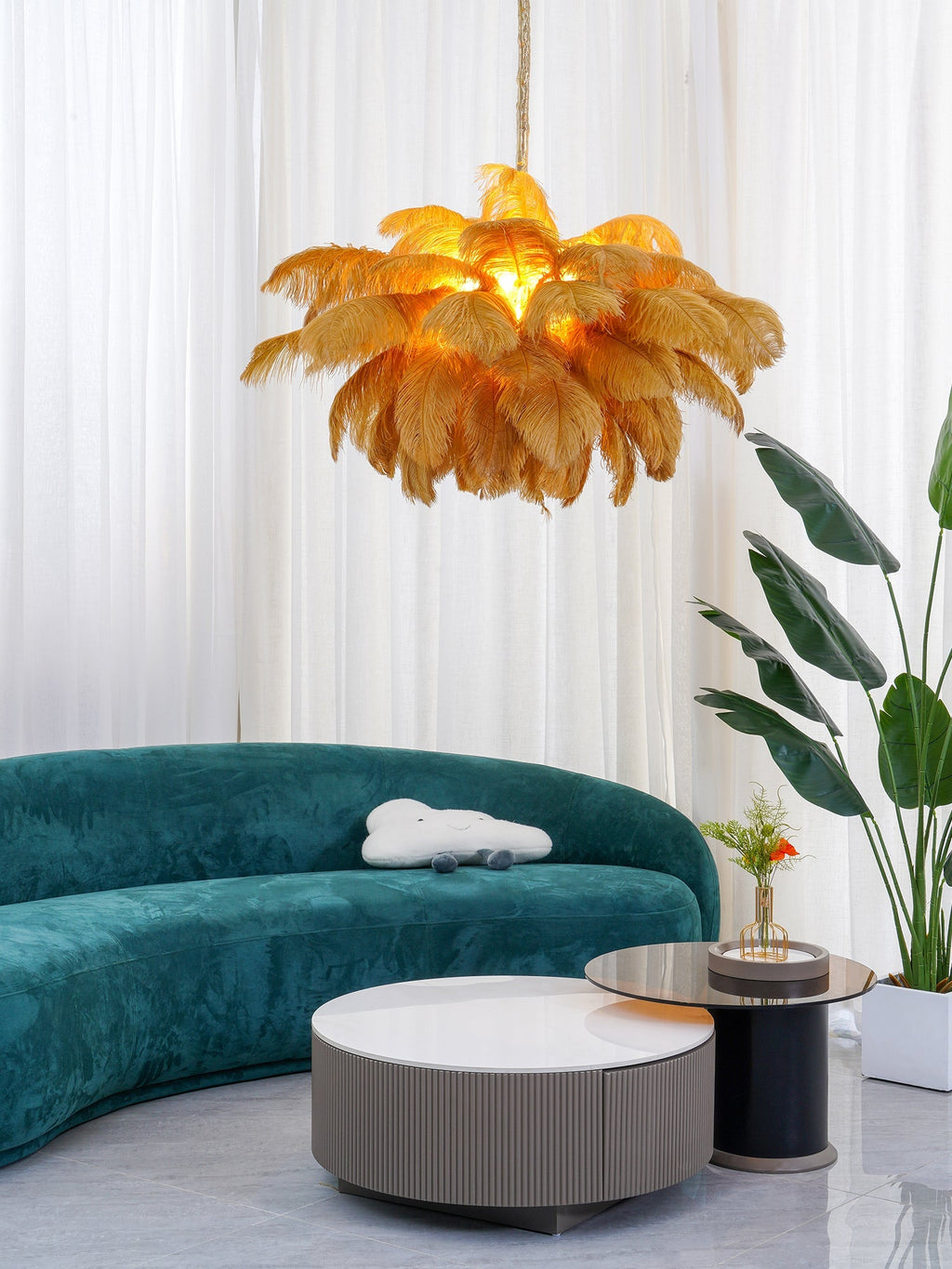 Chandelier, Ostrich Feather Shade, Brass Base, 6x G9, 110 cm