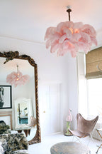 Chandelier, Ostrich Feather Shade, Brass Base, 6x G9, 110 cm