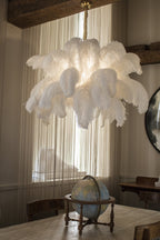 Chandelier, Ostrich Feather Shade, Brass Base, 6x G9, 110 cm