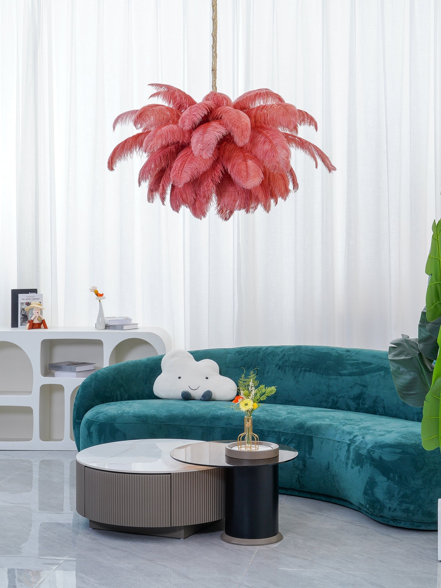 Chandelier, Ostrich Feather Shade, Brass Base, 6x G9, 110 cm