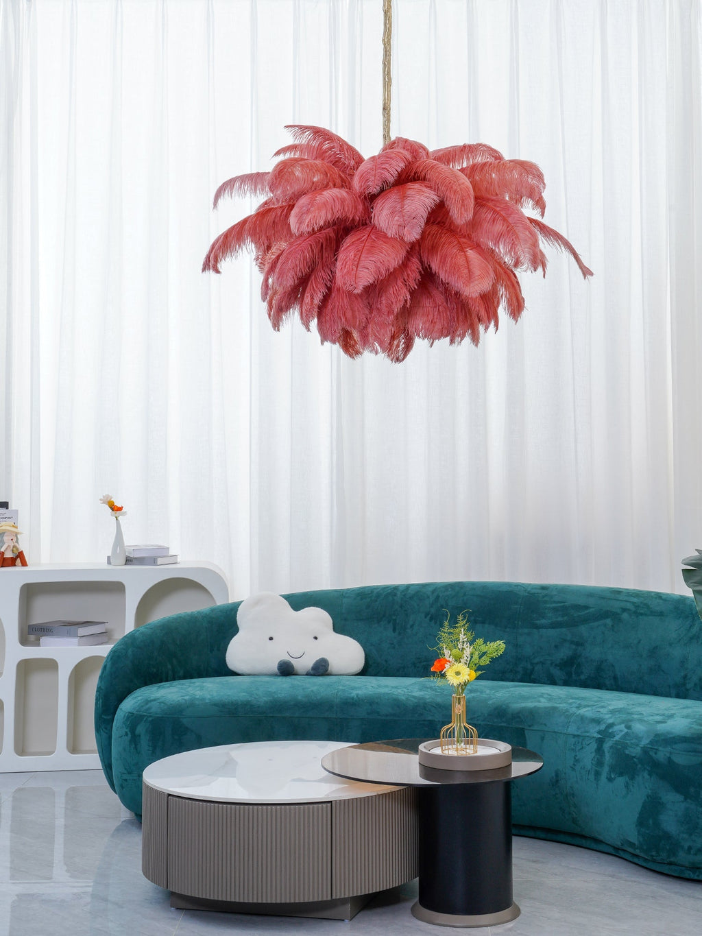 Chandelier, Ostrich Feather Shade, Brass Base, 6x G9, 110 cm