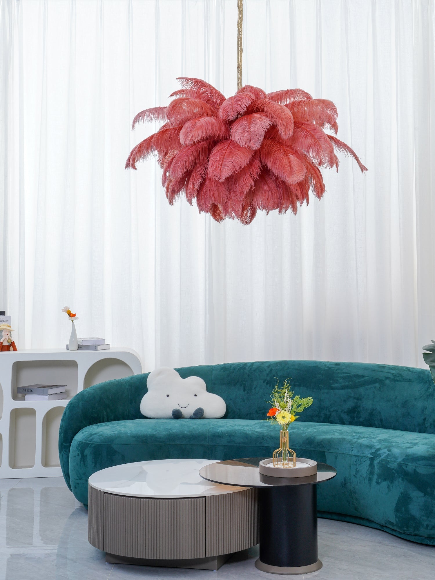 Chandelier, Ostrich Feather Shade, Brass Base, 6x G9, 110 cm