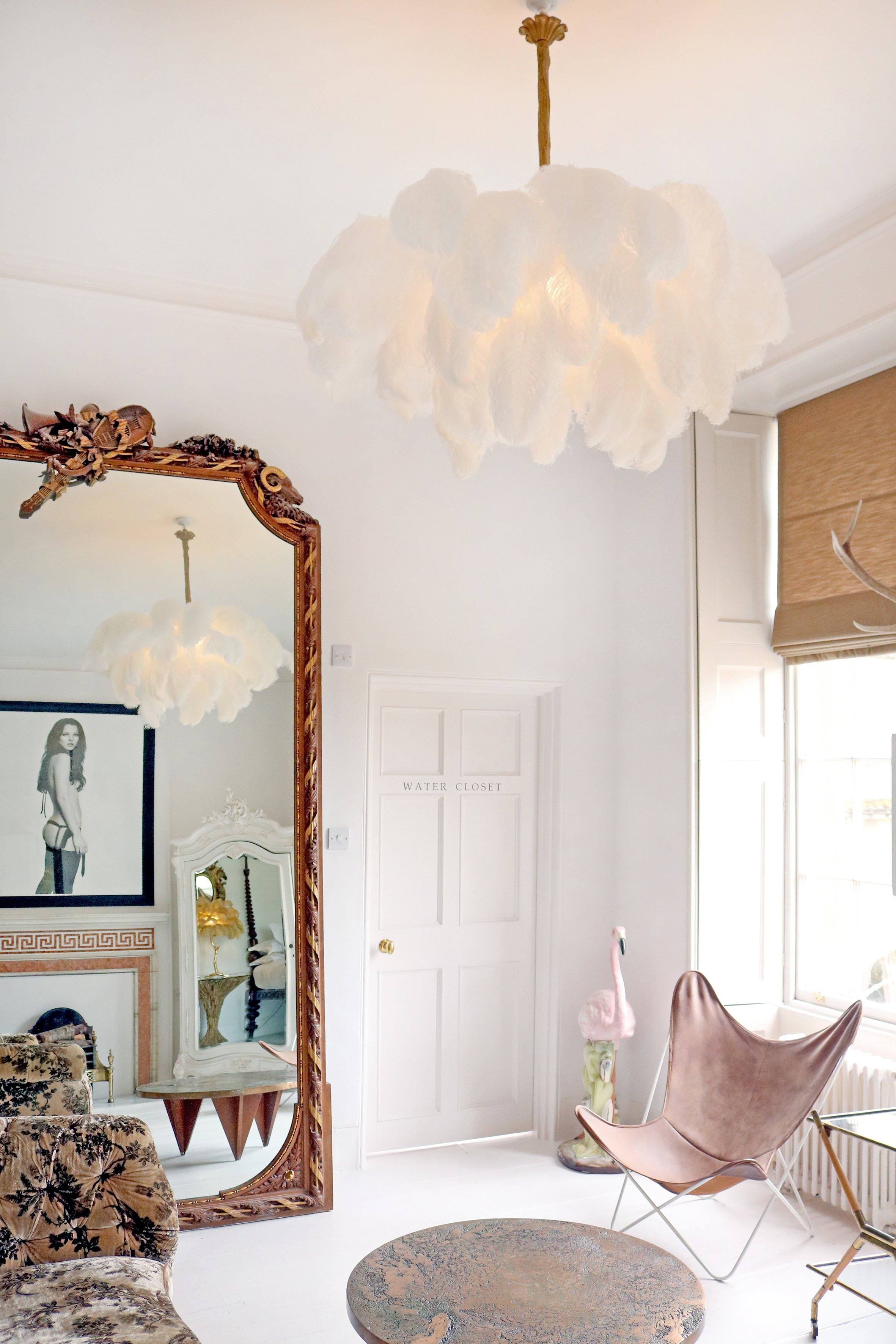 Chandelier, Ostrich Feather Shade, Brass Base, 6x G9, 110 cm