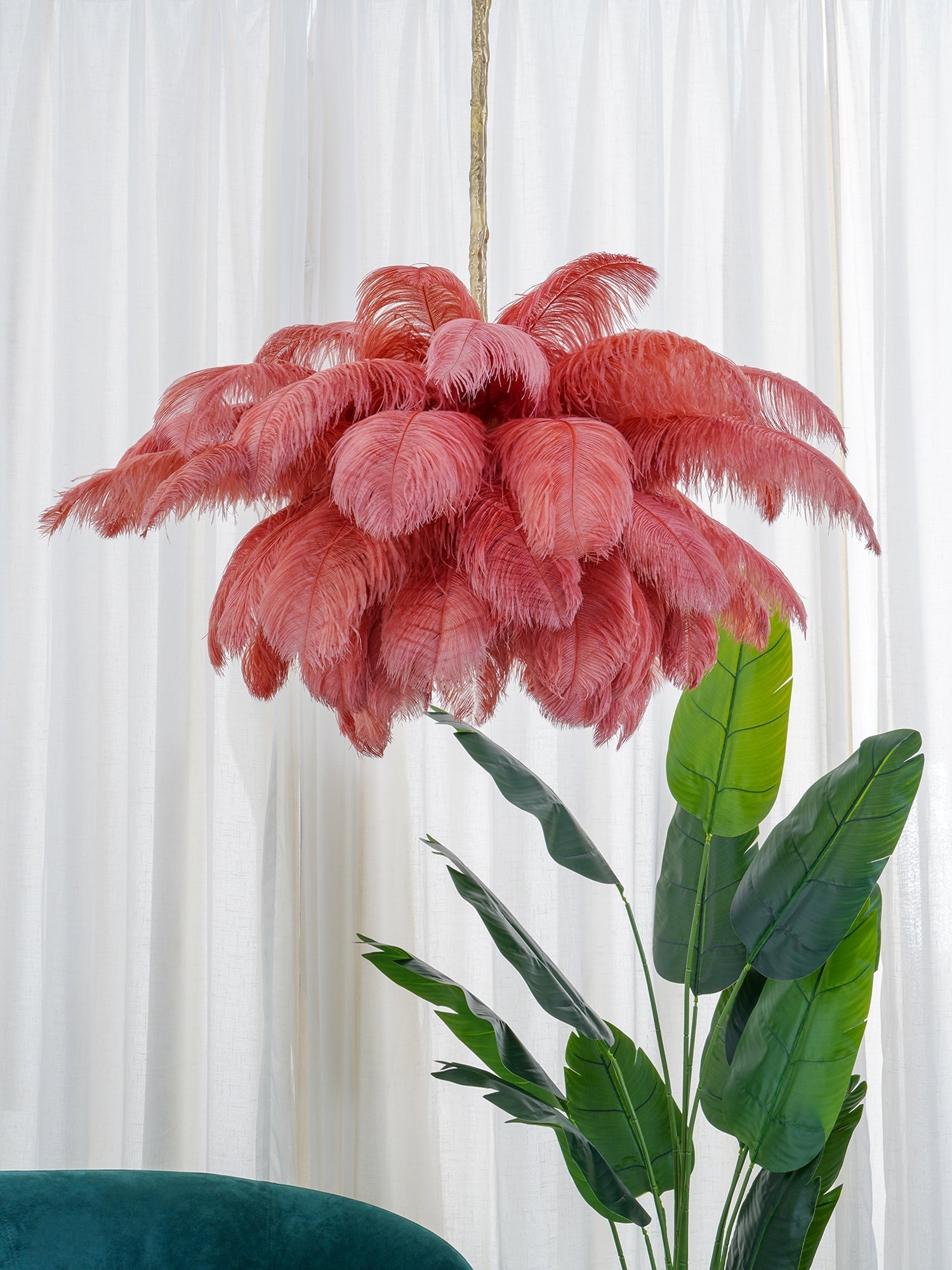 Chandelier, Ostrich Feather Shade, Brass Base, 6x G9, 110 cm