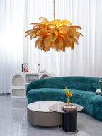 Chandelier, Ostrich Feather Shade, Brass Base, 6x G9, 110 cm