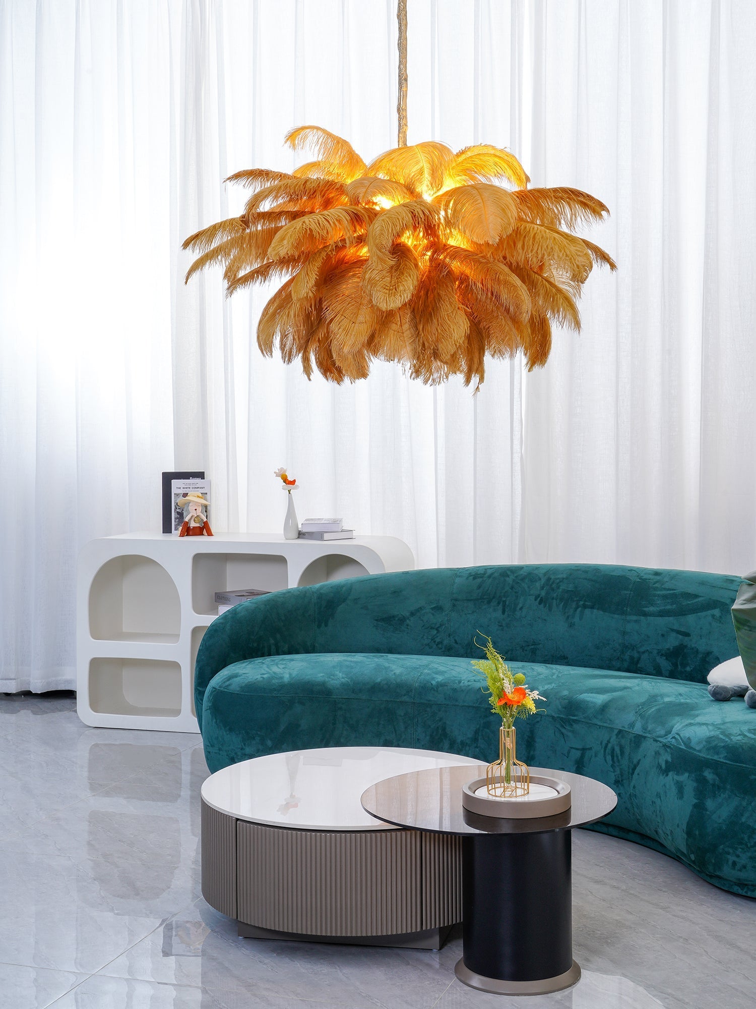 Chandelier, Ostrich Feather Shade, Brass Base, 6x G9, 110 cm