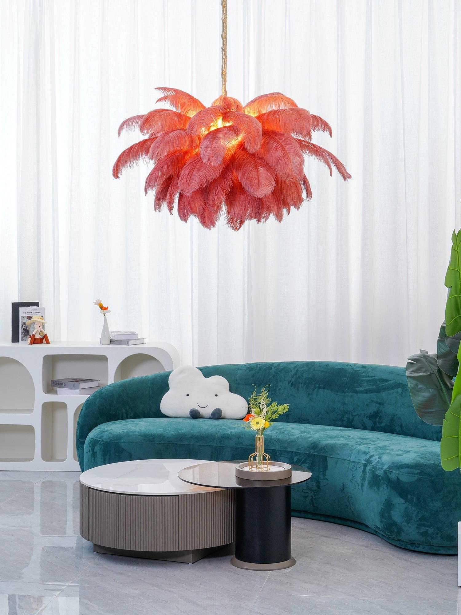 Chandelier, Ostrich Feather Shade, Brass Base, 6x G9, 110 cm