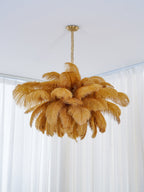 Chandelier, Ostrich Feather Shade, Brass Base, 6x G9, 110 cm