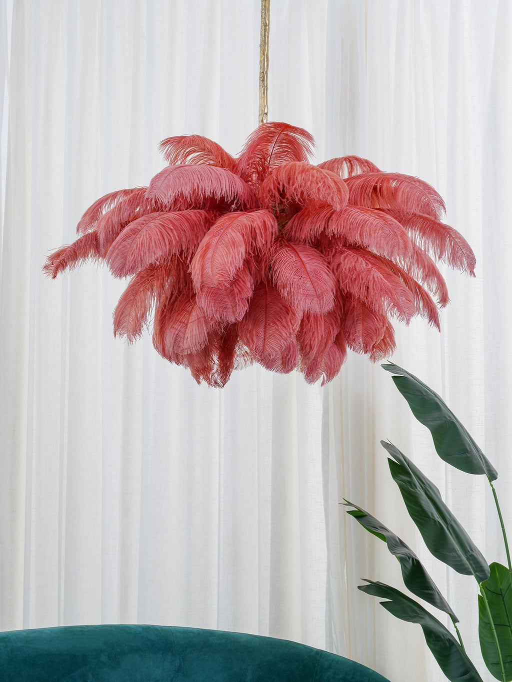 Chandelier, Ostrich Feather Shade, Brass Base, 6x G9, 110 cm