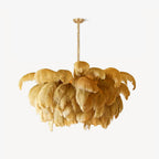 Chandelier, Ostrich Feather Shade, Brass Base, 6x G9, 110 cm