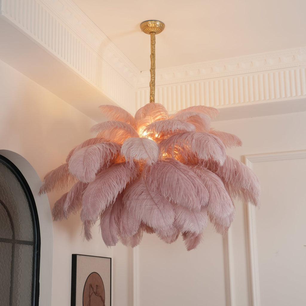 Chandelier, Ostrich Feather Shade, Brass Base, 6x G9, 110 cm