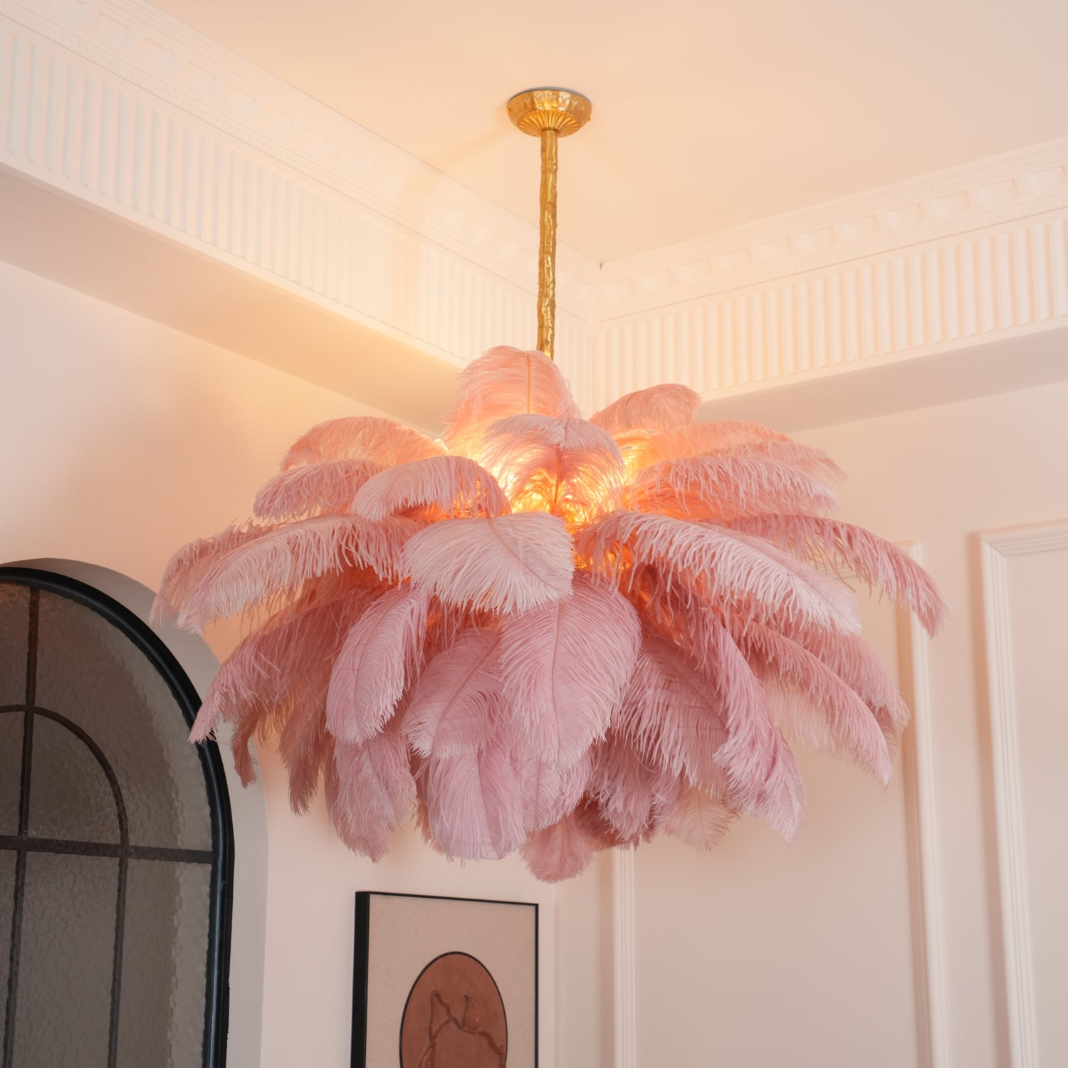 Chandelier, Ostrich Feather Shade, Brass Base, 6x G9, 110 cm