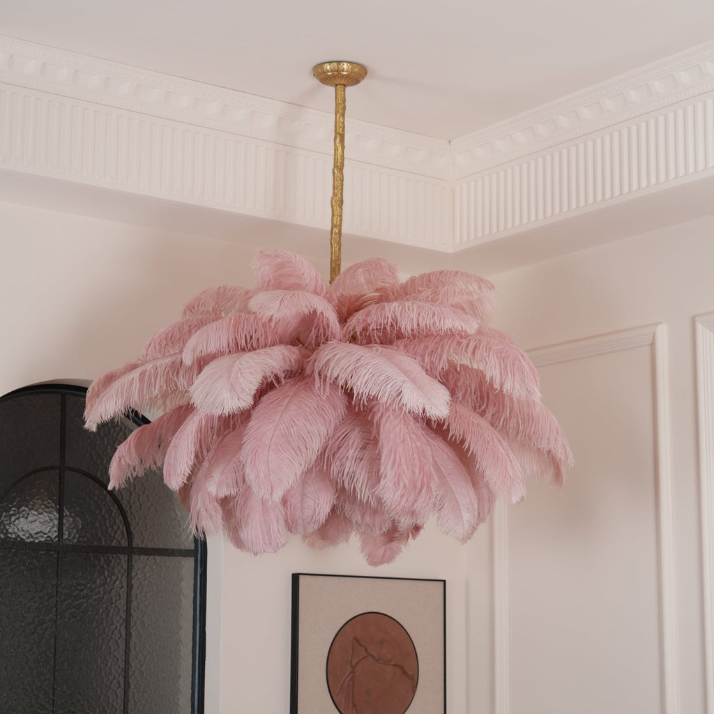 Chandelier, Ostrich Feather Shade, Brass Base, 6x G9, 110 cm