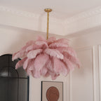 Chandelier, Ostrich Feather Shade, Brass Base, 6x G9, 110 cm