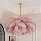 Chandelier, Ostrich Feather Shade, Brass Base, 6x G9, 110 cm