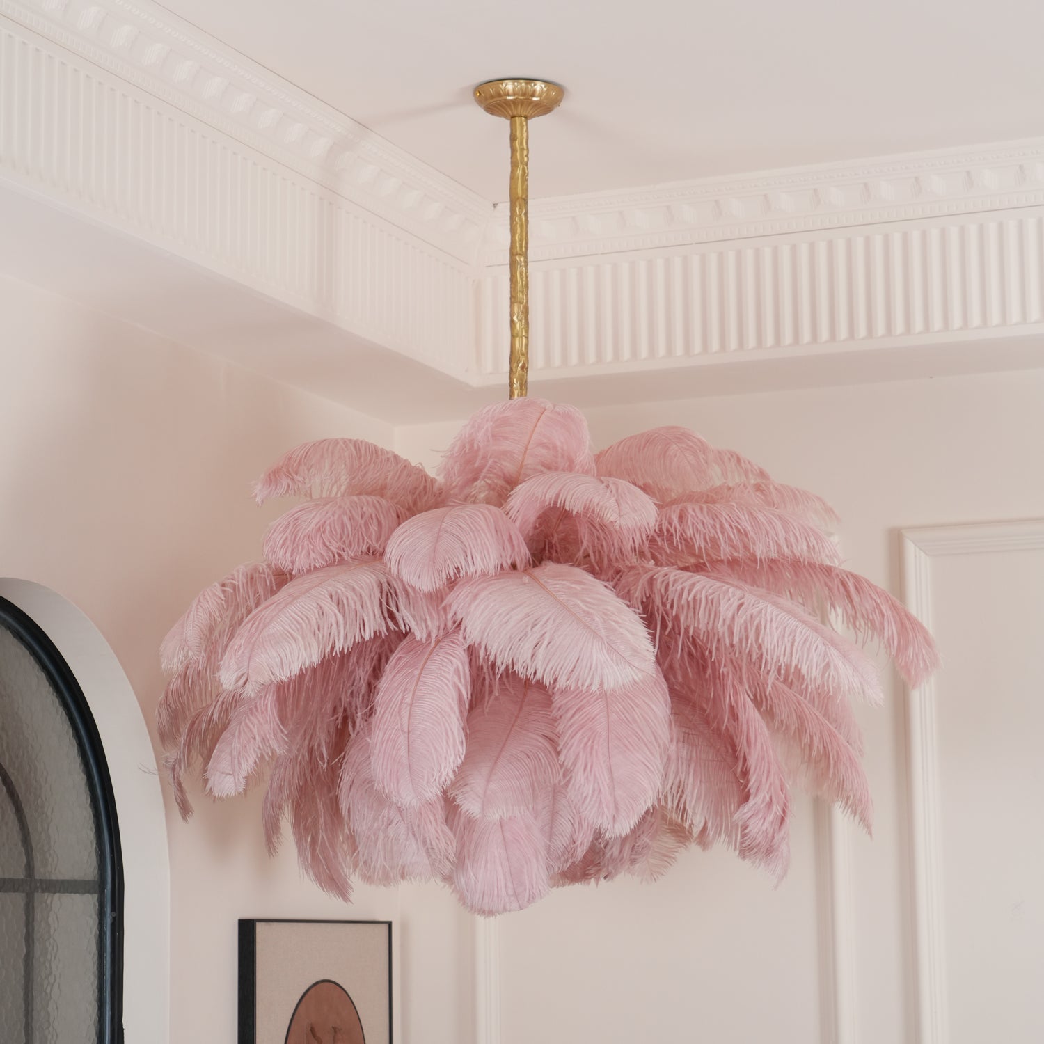 Chandelier, Ostrich Feather Shade, Brass Base, 6x G9, 110 cm