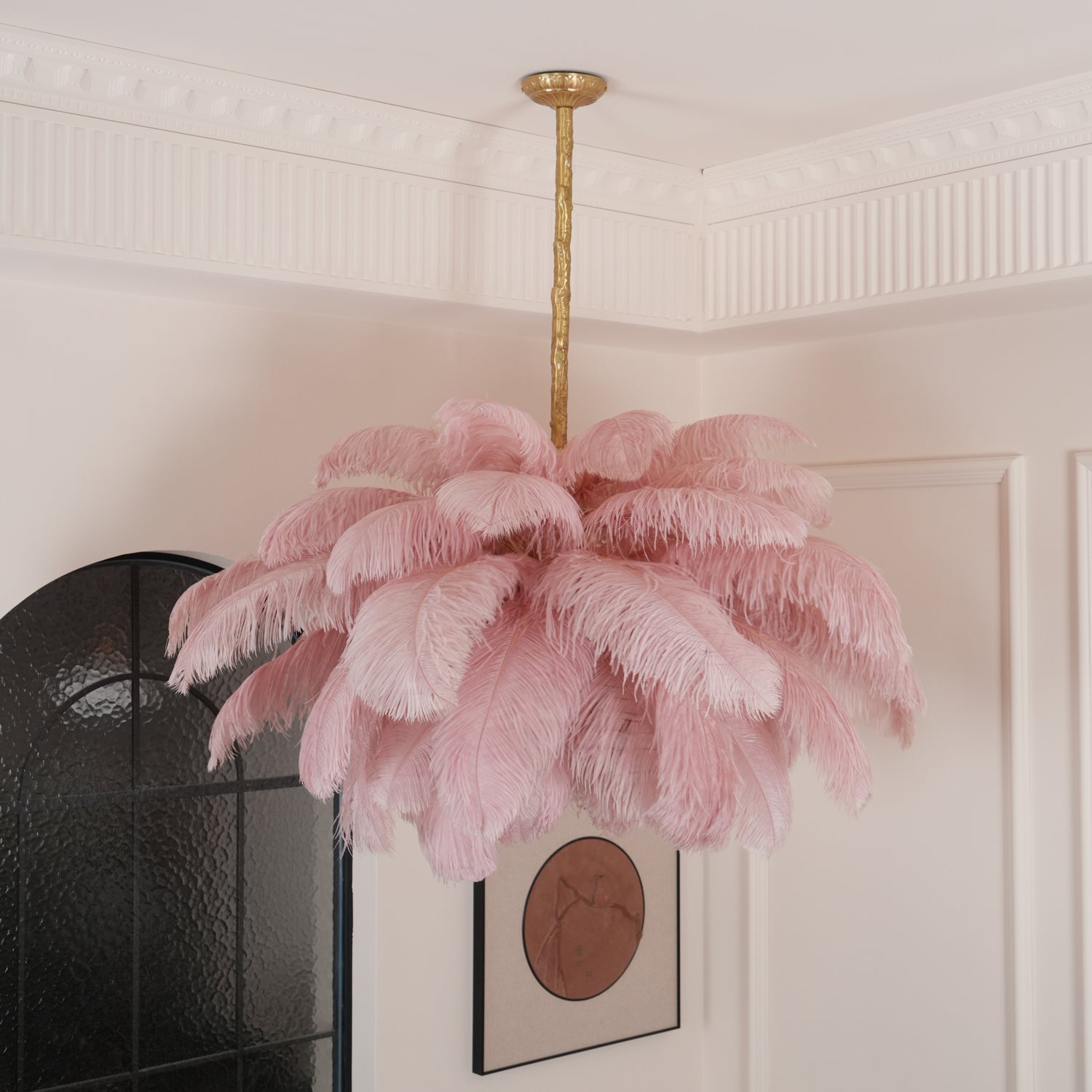 Chandelier, Ostrich Feather Shade, Brass Base, 6x G9, 110 cm