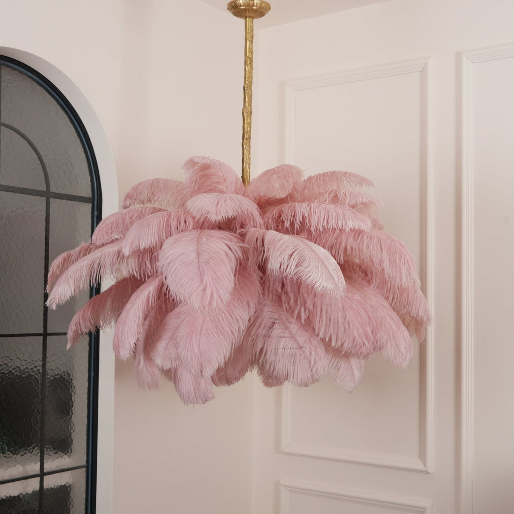 Chandelier, Ostrich Feather Shade, Brass Base, 6x G9, 110 cm