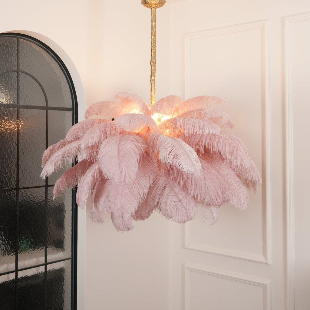 Chandelier, Ostrich Feather Shade, Brass Base, 6x G9, 110 cm