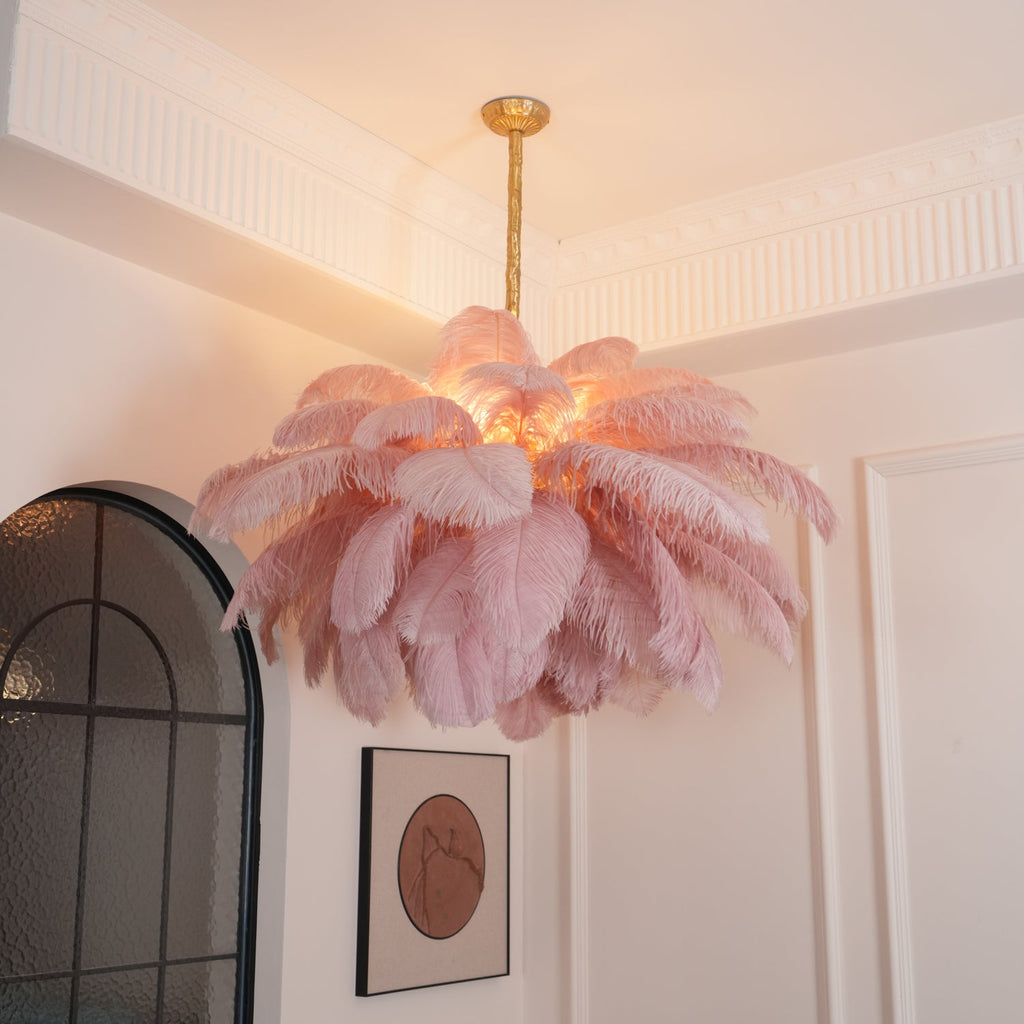 Chandelier, Ostrich Feather Shade, Brass Base, 6x G9, 110 cm
