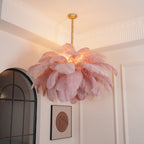 Chandelier, Ostrich Feather Shade, Brass Base, 6x G9, 110 cm