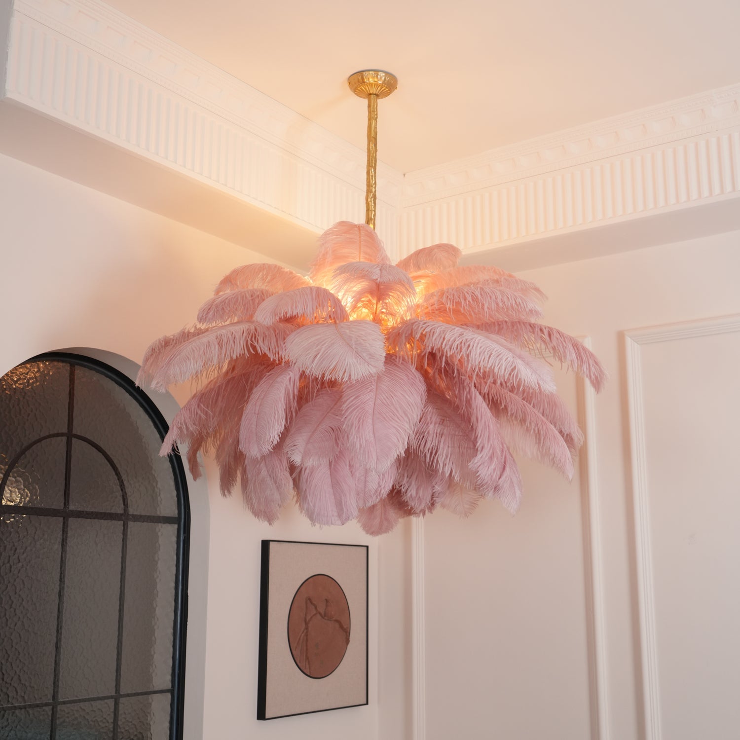 Chandelier, Ostrich Feather Shade, Brass Base, 6x G9, 110 cm