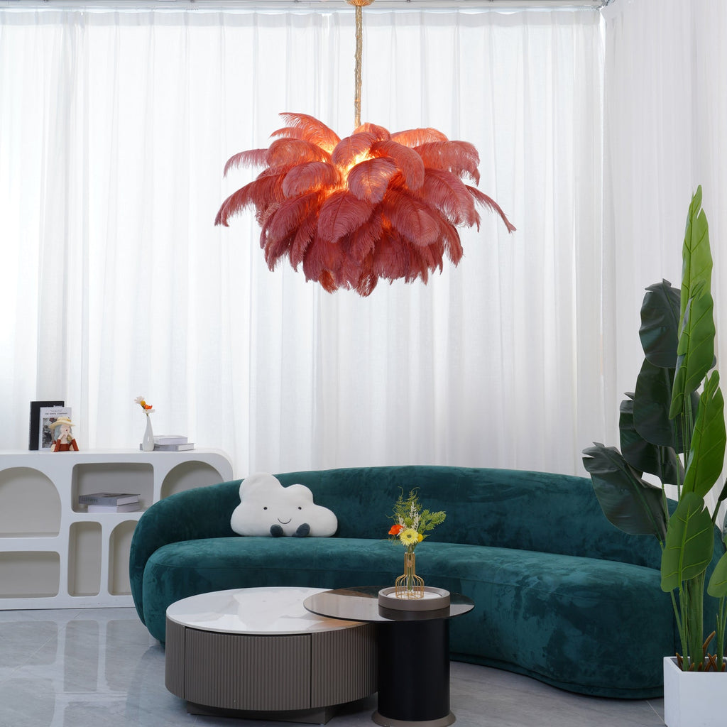 Chandelier, Ostrich Feather Shade, Brass Base, 6x G9, 110 cm