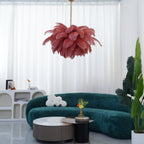 Chandelier, Ostrich Feather Shade, Brass Base, 6x G9, 110 cm