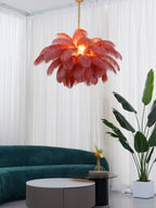 Chandelier, Ostrich Feather Shade, Brass Base, 6x G9, 110 cm