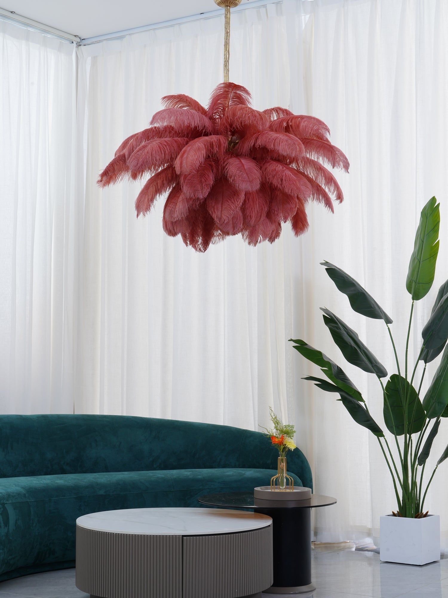 Chandelier, Ostrich Feather Shade, Brass Base, 6x G9, 110 cm