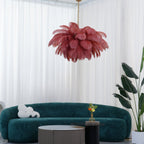 Chandelier, Ostrich Feather Shade, Brass Base, 6x G9, 110 cm