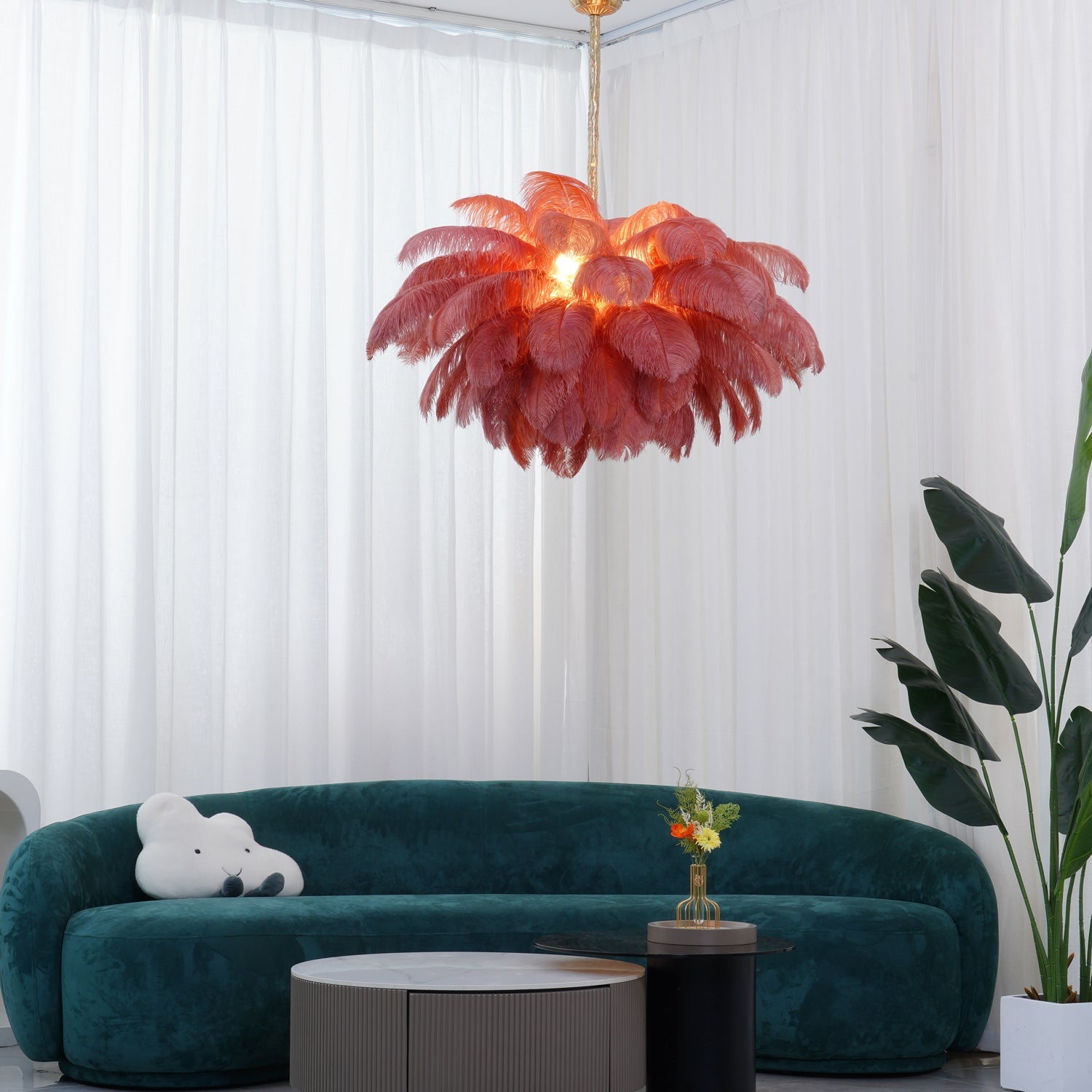 Chandelier, Ostrich Feather Shade, Brass Base, 6x G9, 110 cm