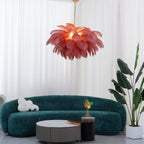 Chandelier, Ostrich Feather Shade, Brass Base, 6x G9, 110 cm