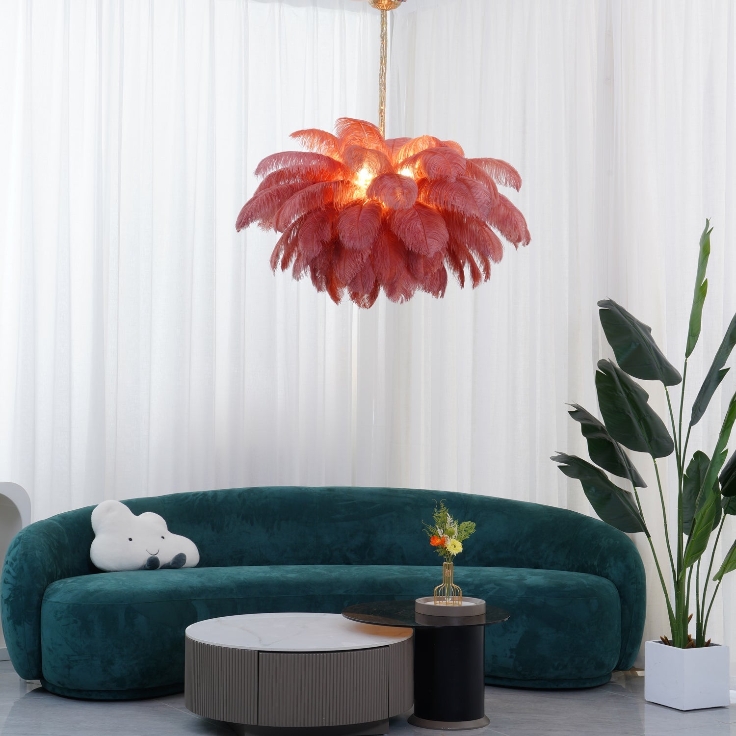 Chandelier, Ostrich Feather Shade, Brass Base, 6x G9, 110 cm