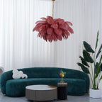Chandelier, Ostrich Feather Shade, Brass Base, 6x G9, 110 cm