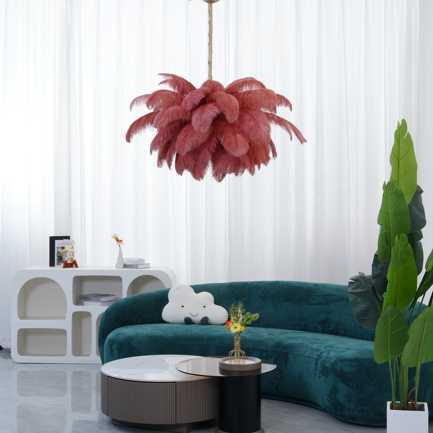 Chandelier, Ostrich Feather Shade, Brass Base, 6x G9, 110 cm