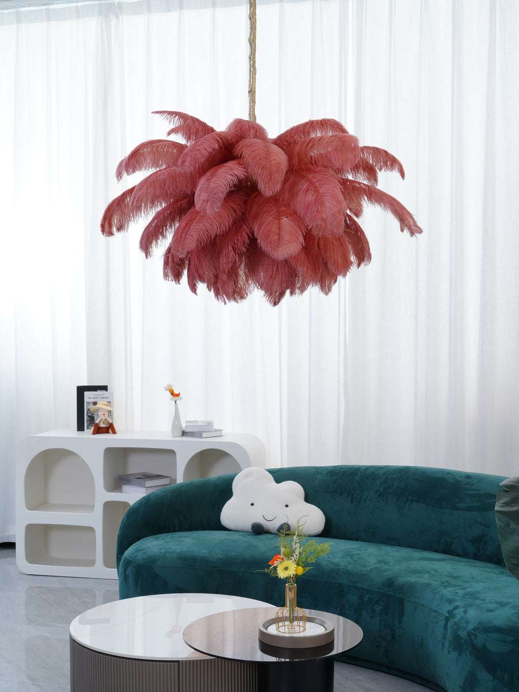 Chandelier, Ostrich Feather Shade, Brass Base, 6x G9, 110 cm