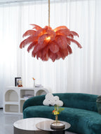 Chandelier, Ostrich Feather Shade, Brass Base, 6x G9, 110 cm