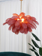Chandelier, Ostrich Feather Shade, Brass Base, 6x G9, 110 cm
