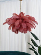 Chandelier, Ostrich Feather Shade, Brass Base, 6x G9, 110 cm