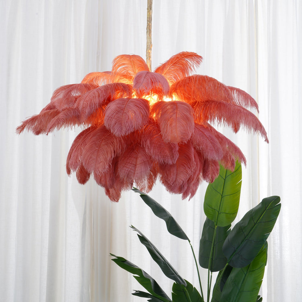 Chandelier, Ostrich Feather Shade, Brass Base, 6x G9, 110 cm