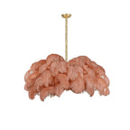 Ostrich feather chandelier with cascading plumes and warm light