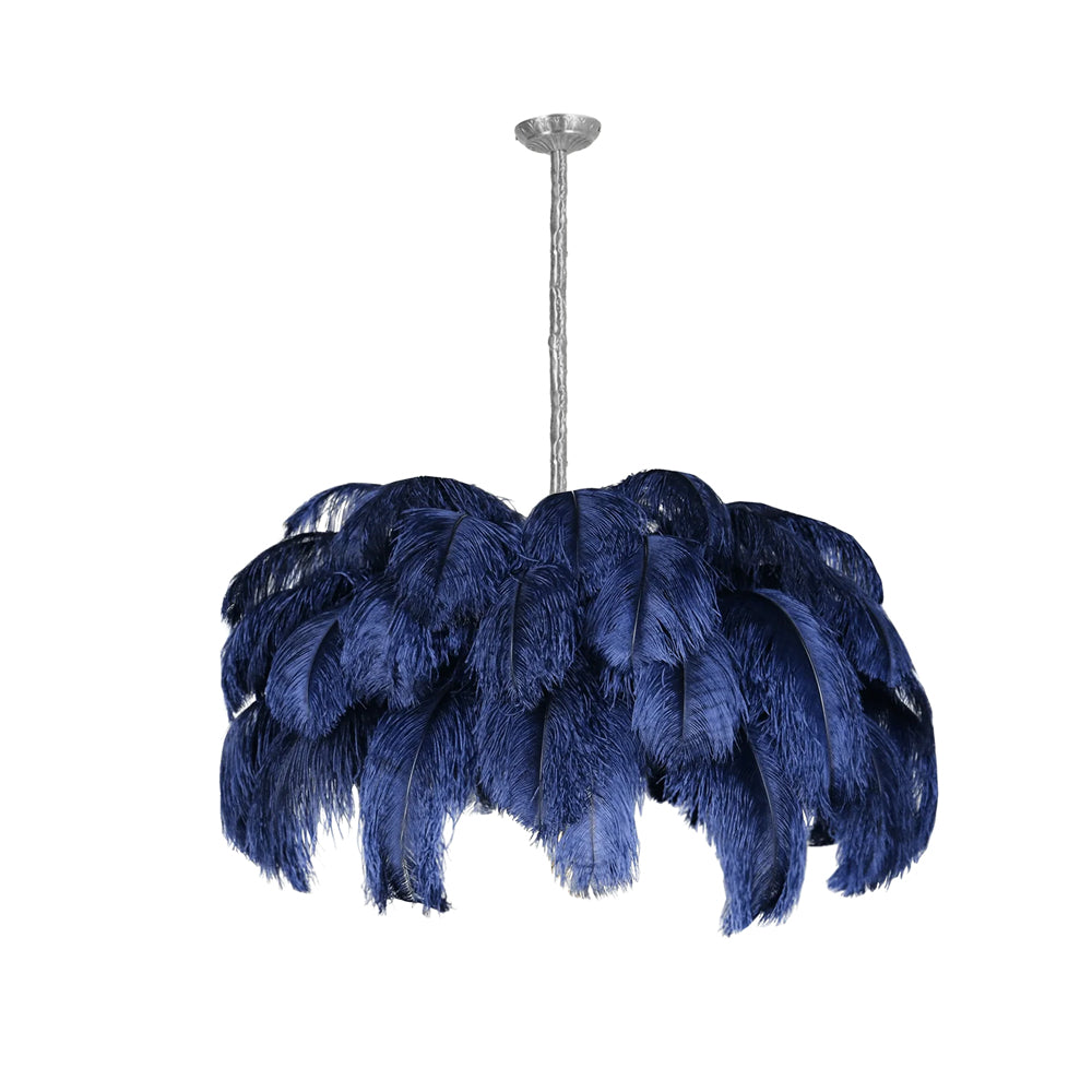 Ostrich feather chandelier with layered plumes catching the light
