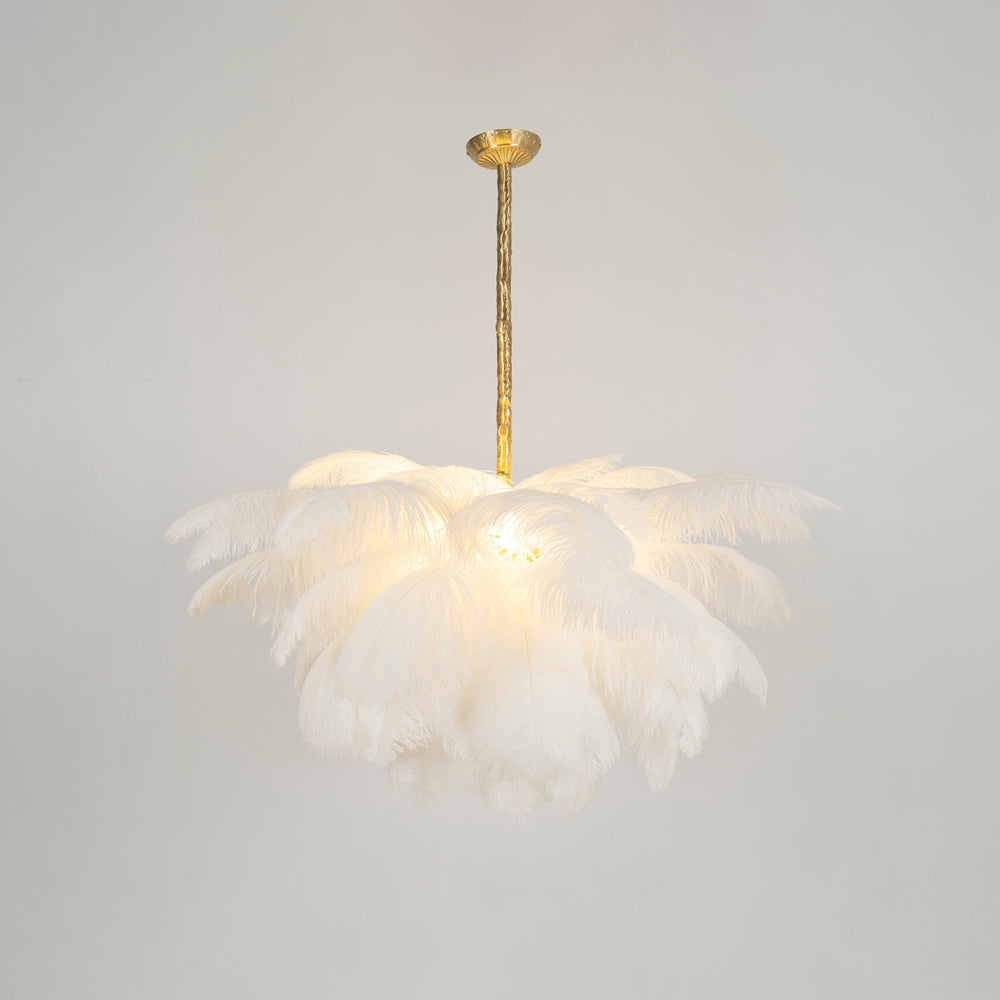 Ostrich feather chandelier with soft cascading plumes and brass base