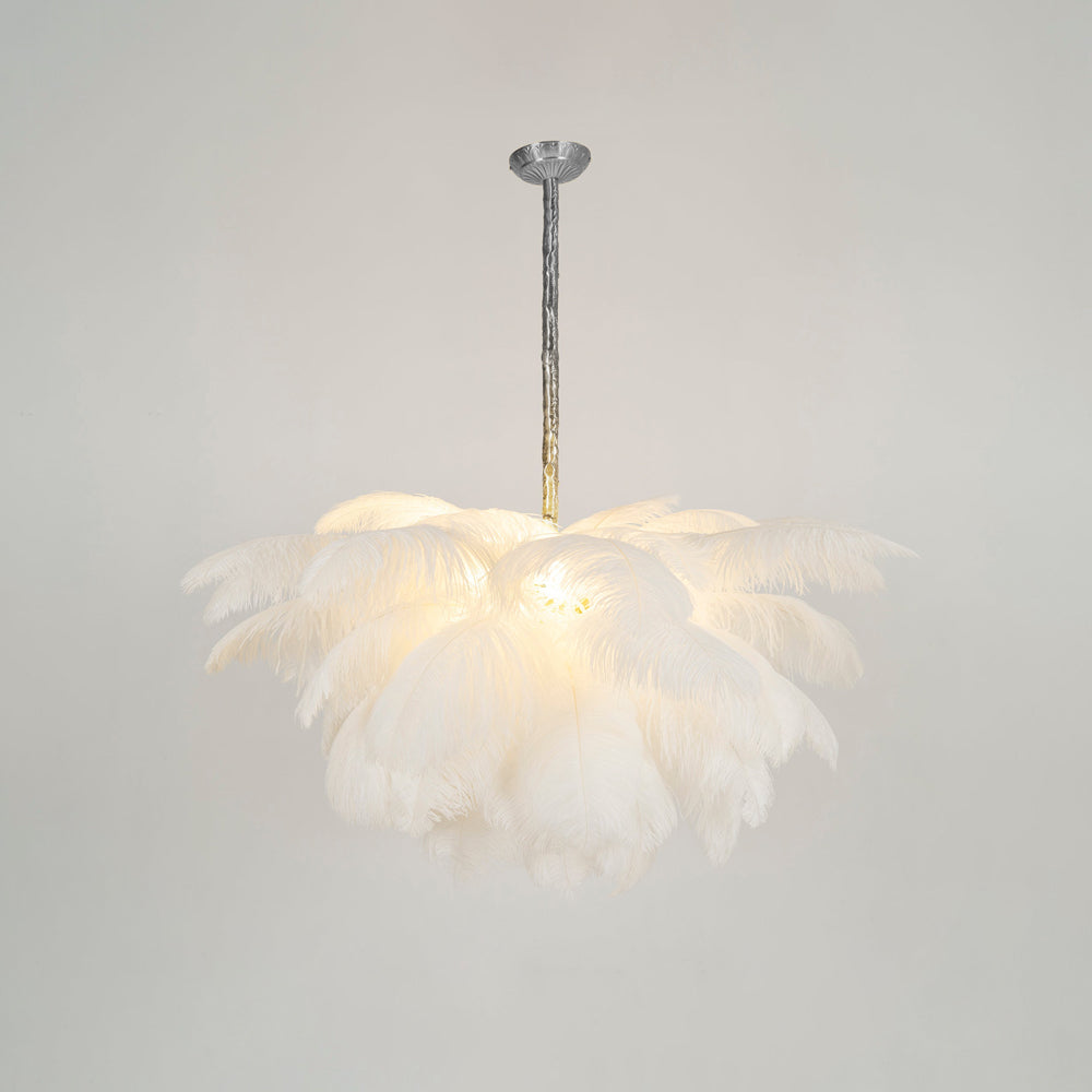 Ostrich feather chandelier glowing above an elegant interior