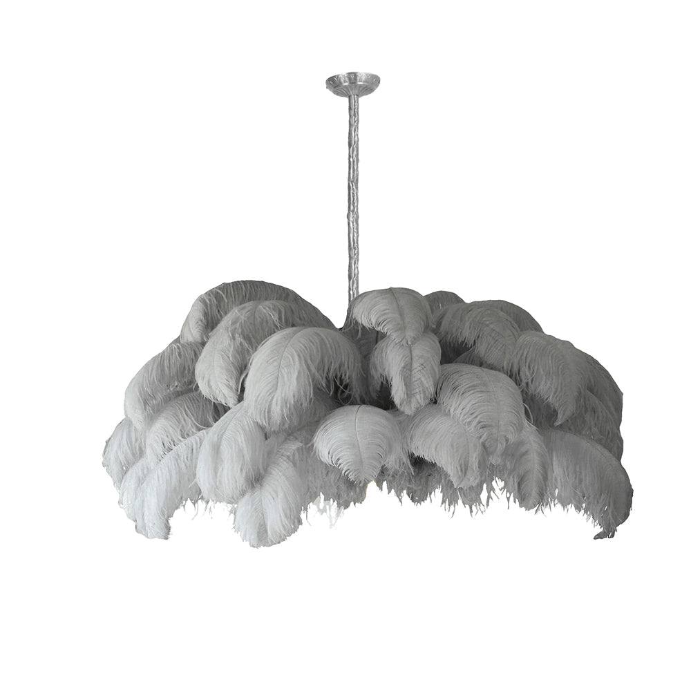 Ostrich feather chandelier detail of plumes around the light source