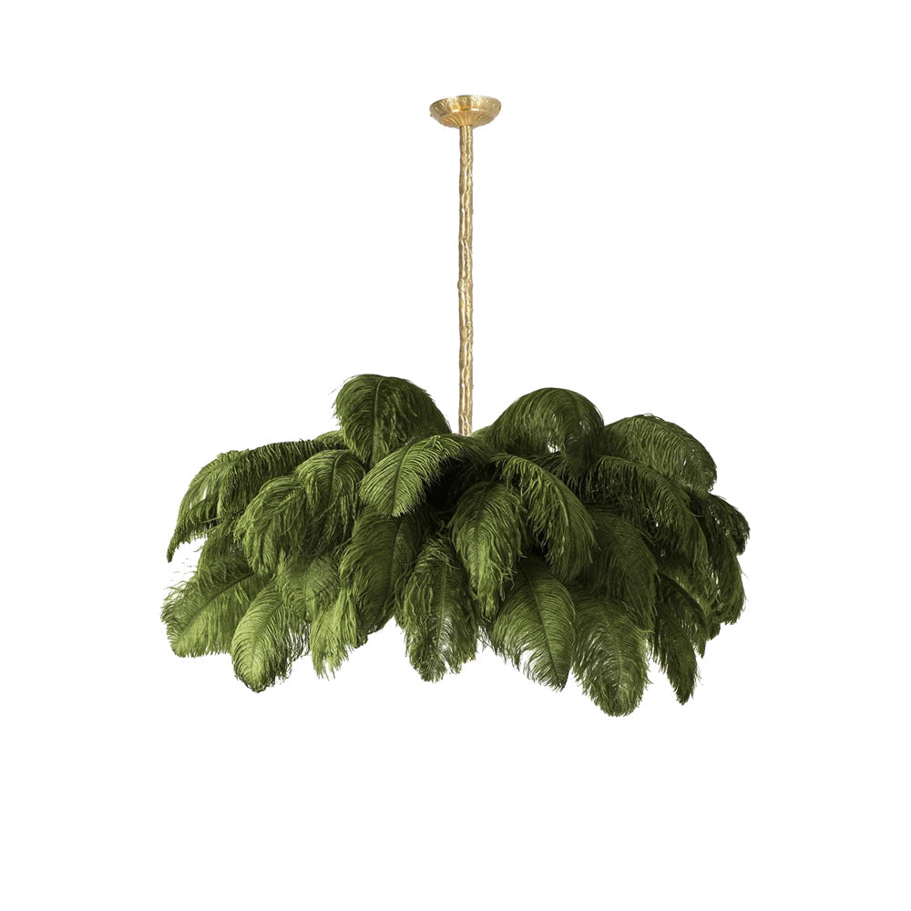 Ostrich feather chandelier glowing warmly in a styled interior