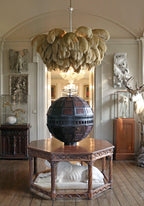 Chandelier, Ostrich Feather Shade, Brass Base, 6x G9, 110 cm