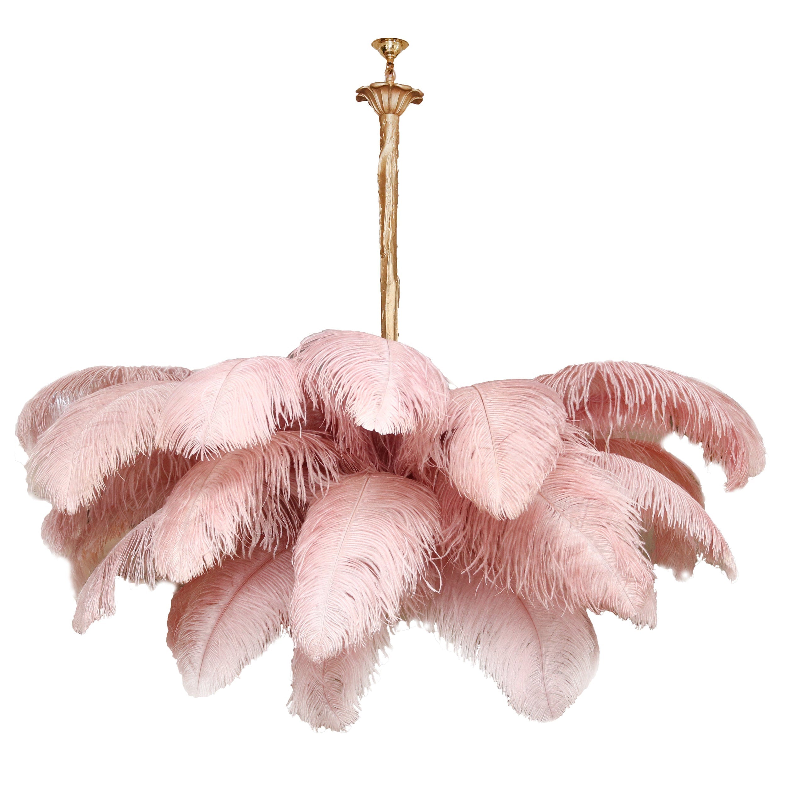 Chandelier, Ostrich Feather Shade, Brass Base, 6x G9, 110 cm