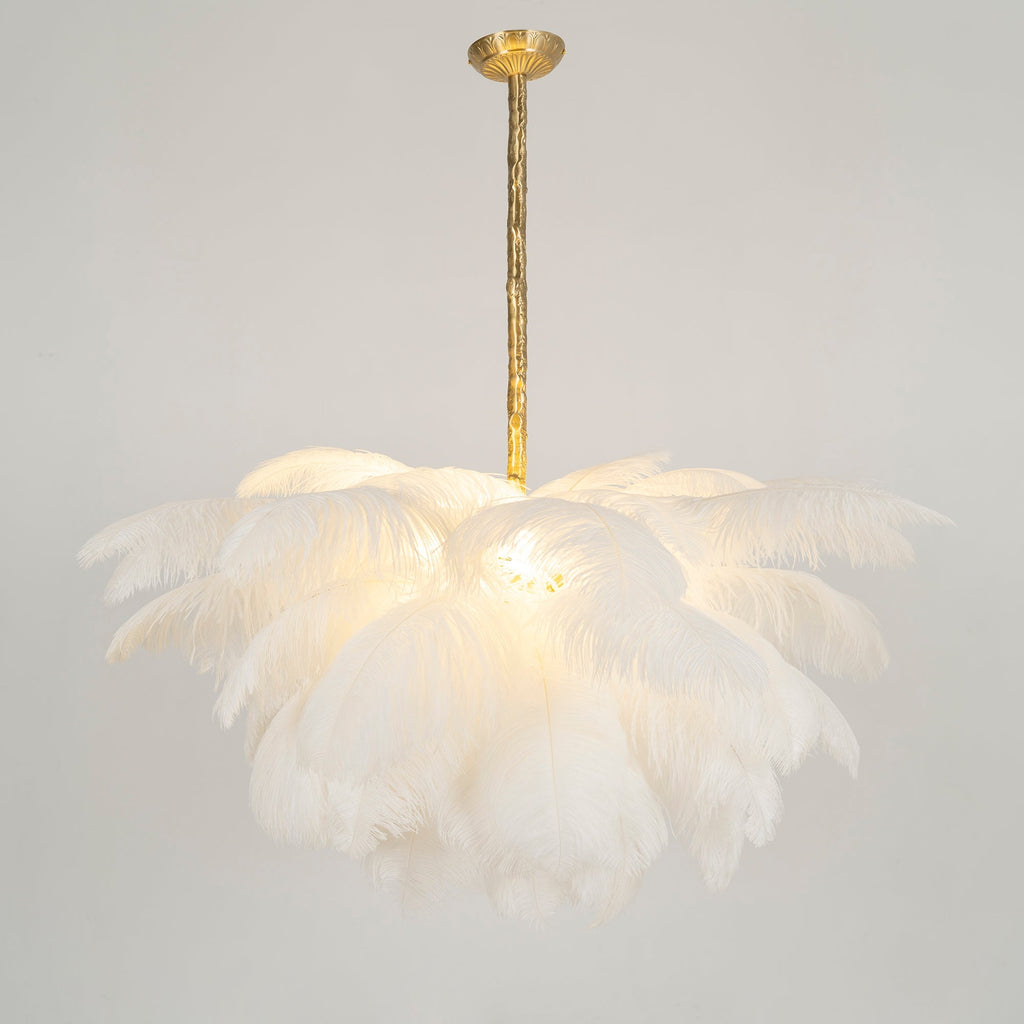 Chandelier, Ostrich Feather Shade, Brass Base, 6x G9, 110 cm